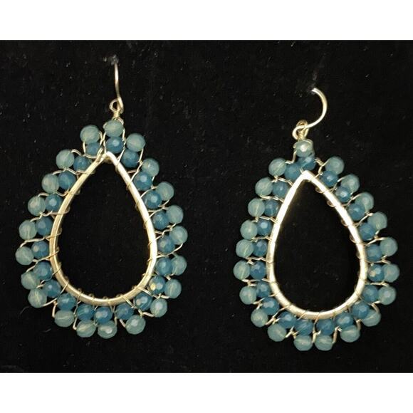Aqua Blue Wire Beaded Boho Teardrop Dangle Pierced Wire Earrings - Picture 3 of 5